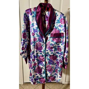 Mervyn's Partners Floral Satin Sleep Shirt Button Down Closure